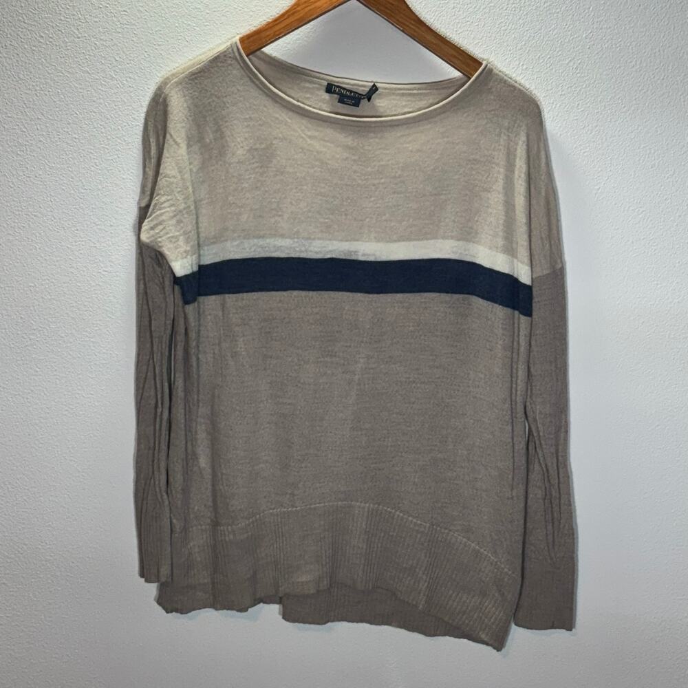 Pendleton Women’s Lightweight Sweater Size M Beige Navy Crewneck Pullover